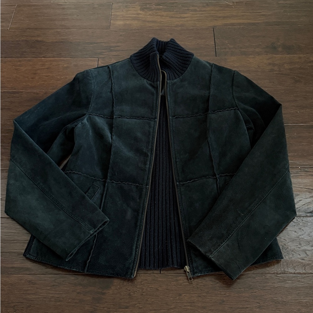 90s J. Khaki Black Jacket Mixed Media Suede Panel Knit Zip Women's Size M